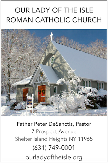 Our Lady of the Isle Roman Catholic Church vertical business card.