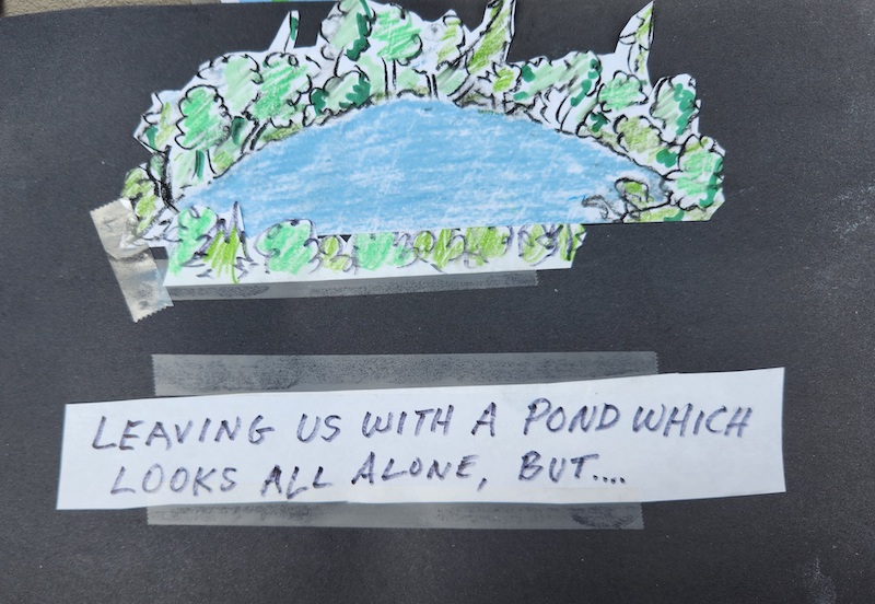 This drawing shows the kettlehole filled with freshwater surrounded by dense forest and marshlands.